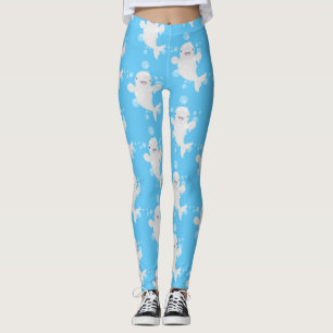 Cute beluga whale bubbles cartoon illustration leggings