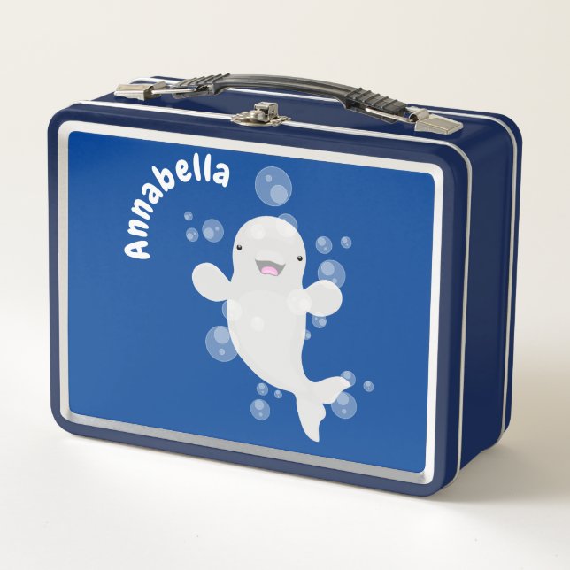 Cute beluga whale bubbles cartoon illustration metal lunch box (Front)