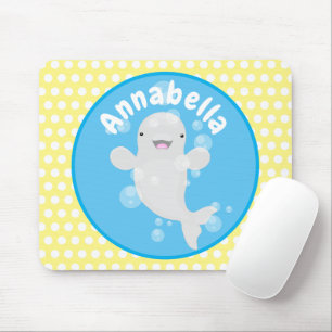 Cute beluga whale bubbles cartoon illustration mouse mat