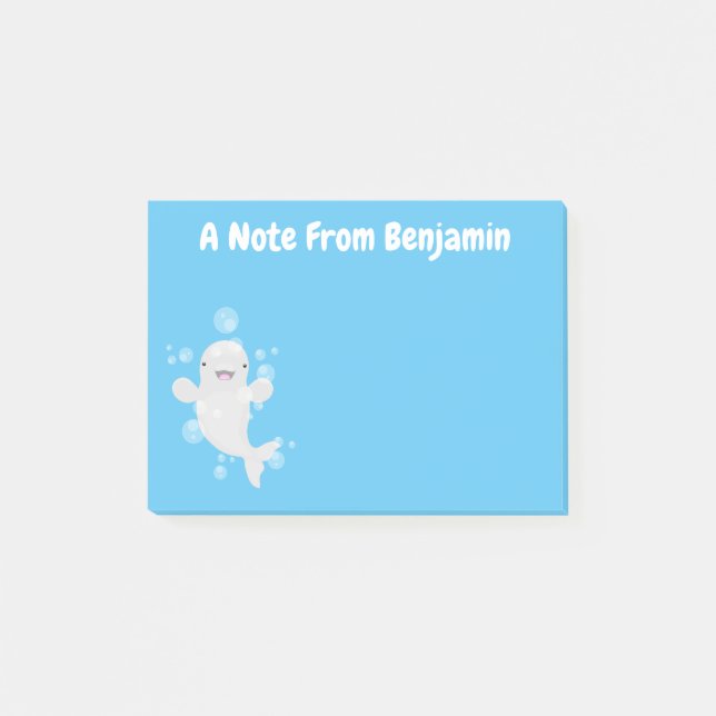 Cute beluga whale bubbles cartoon illustration post-it notes (Front)