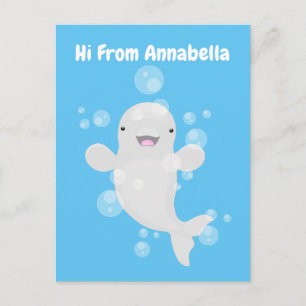 Cute beluga whale bubbles cartoon illustration postcard
