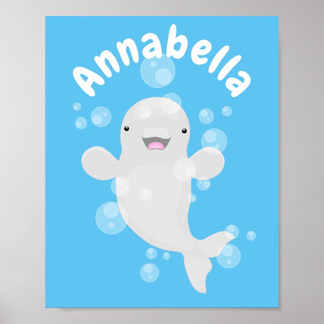 Cute beluga whale bubbles cartoon illustration poster (Front)