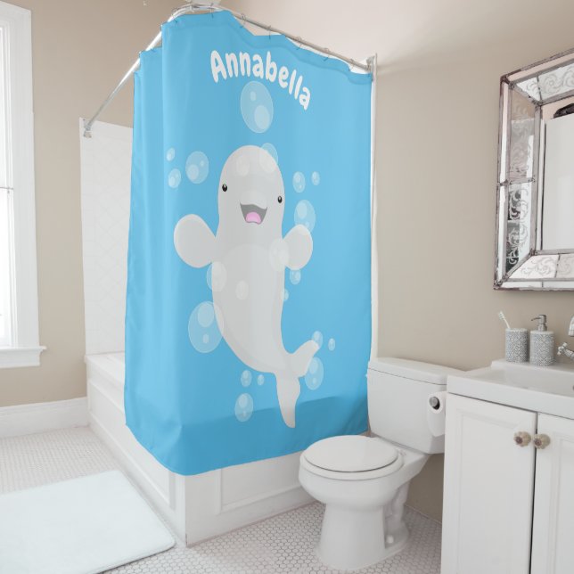 Cute beluga whale bubbles cartoon illustration shower curtain (In Situ)