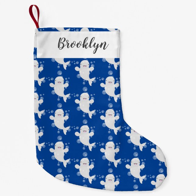 Cute beluga whale bubbles cartoon illustration small christmas stocking (Front)