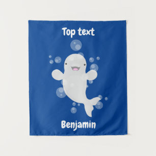 Cute beluga whale bubbles cartoon illustration tapestry