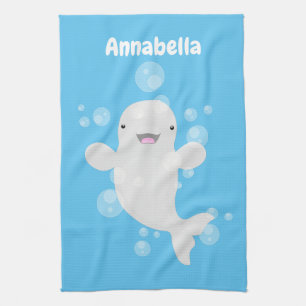 Cute beluga whale bubbles cartoon illustration tea towel