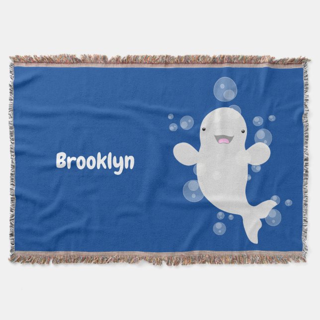 Cute beluga whale bubbles cartoon illustration throw blanket (Front)