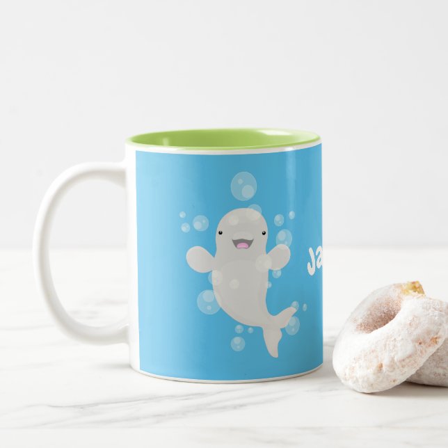 Cute beluga whale bubbles cartoon illustration Two-Tone coffee mug (With Donut)