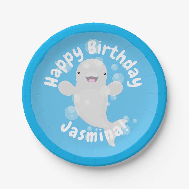 Cute beluga whale bubbles personalised birthday paper plate (Front)