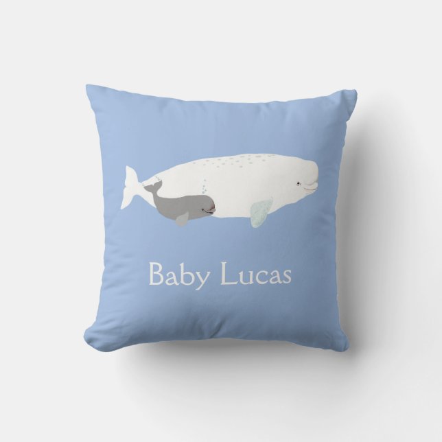 Cute Beluga Whale For Baby Boy, Custom Name Blue  Cushion (Front)