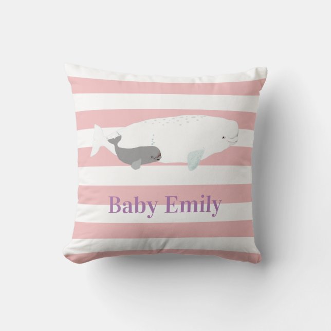 Cute Beluga Whale For Baby Girl, Name Pink Stripes Cushion (Front)