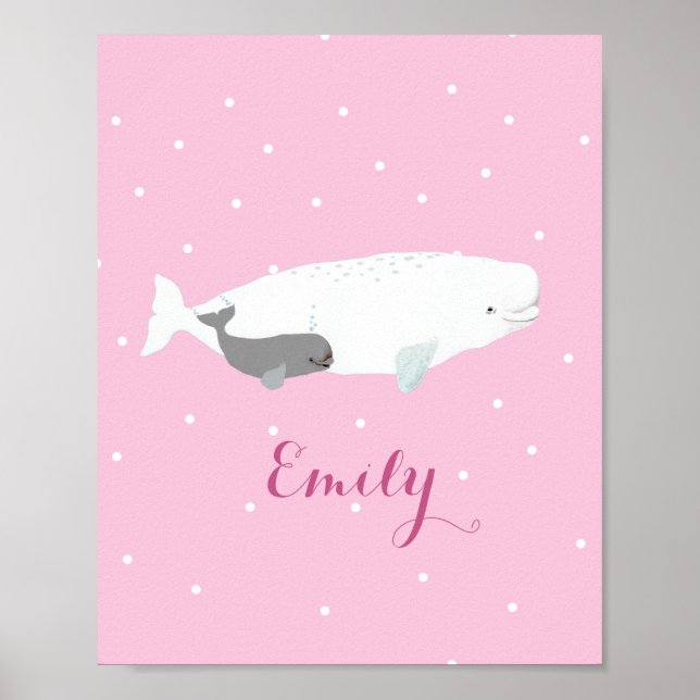 Cute Beluga Whale For Girls, Custom Name Pink  Poster (Front)