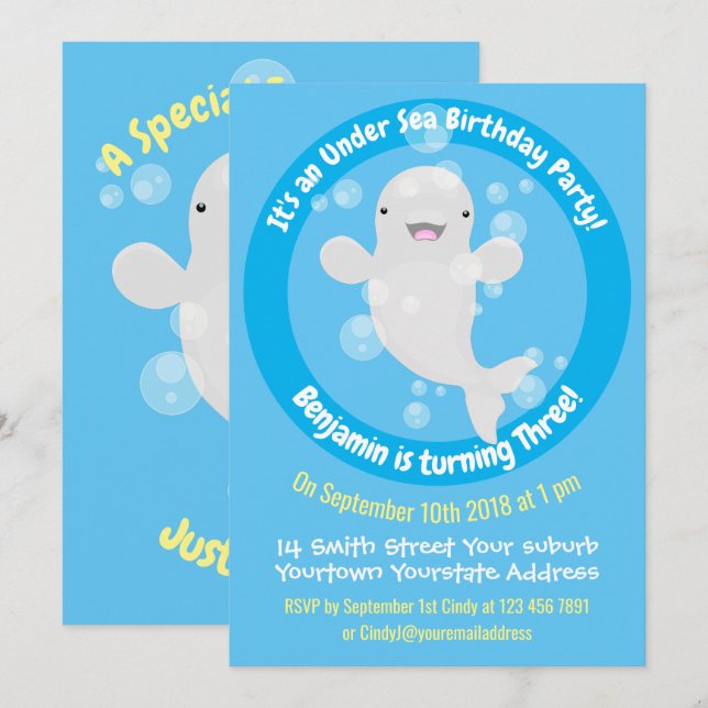 Cute beluga whale personalised cartoon birthday invitation (Front/Back)