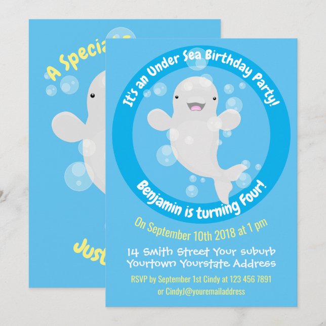 Cute beluga whale personalised cartoon birthday  invitation (Front/Back)