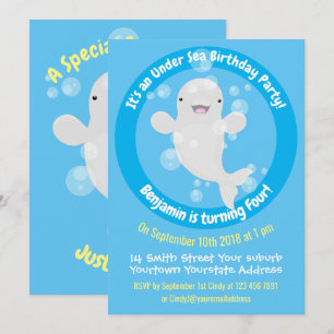 Cute beluga whale personalised cartoon birthday  invitation