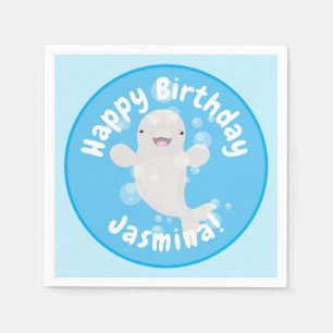 Cute beluga whale personalised cartoon birthday napkin