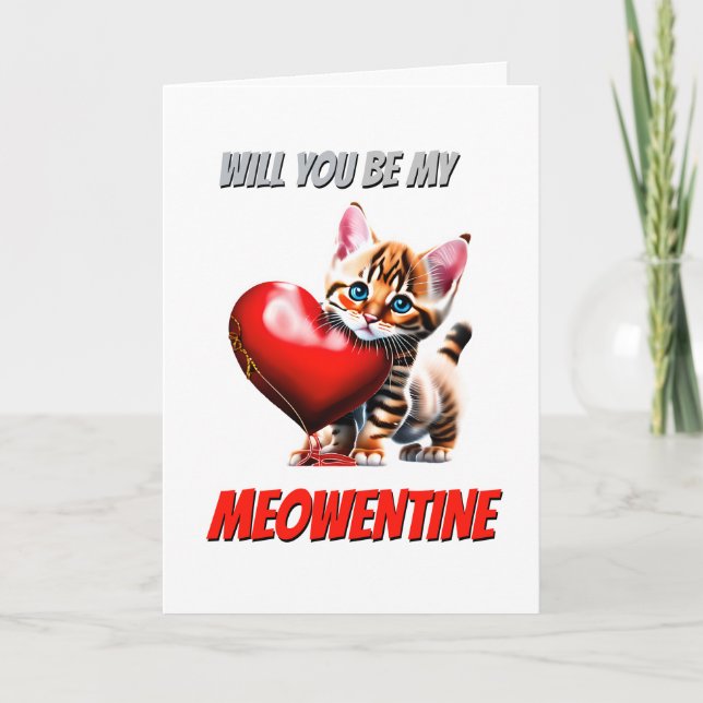 Cute bengal kitten red heart meowentine valentine holiday card (Front)