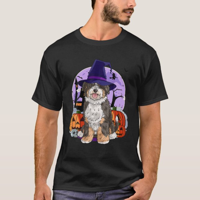 Cute Bernedoodle Halloween Witch Pumpkin T-Shirt (Front)