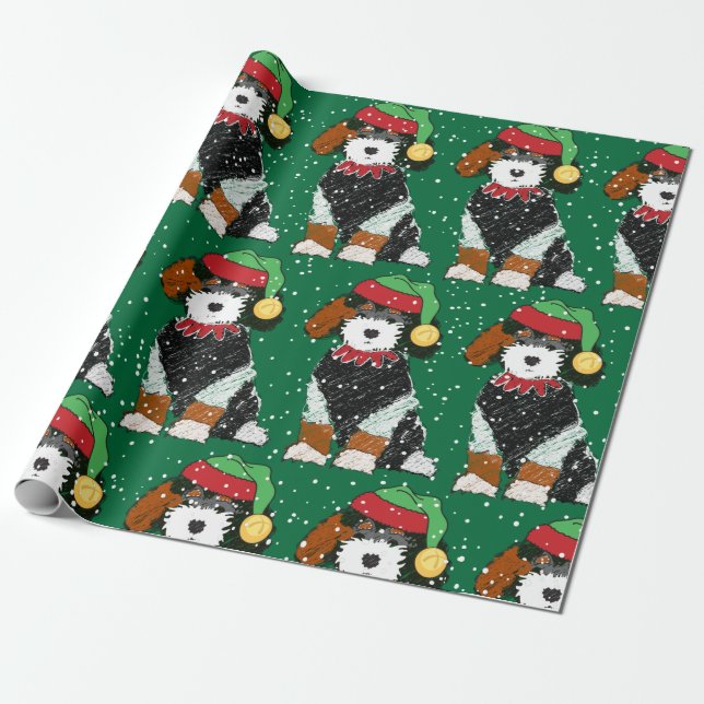 Cute Bernedoodle Mountain Dog Green Wrapping Paper (Unrolled)