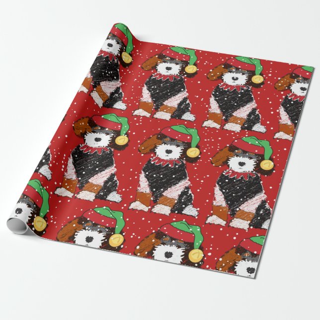 Cute Bernedoodle Mountain Dog Red Wrapping Paper (Unrolled)