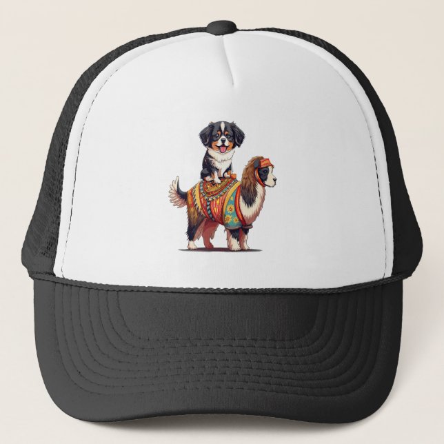 Cute Bernese Dog Riding on Llama Trucker Hat (Front)