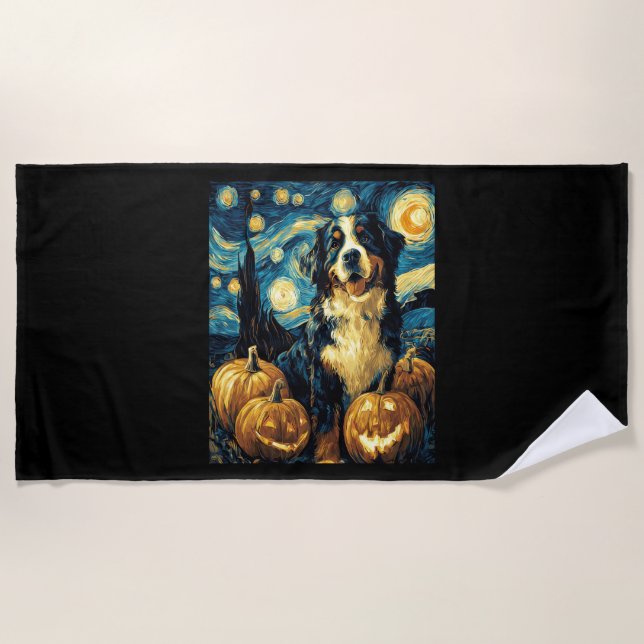 Cute Bernese mountain Dog Halloween Jack O Lantern Beach Towel (Front)