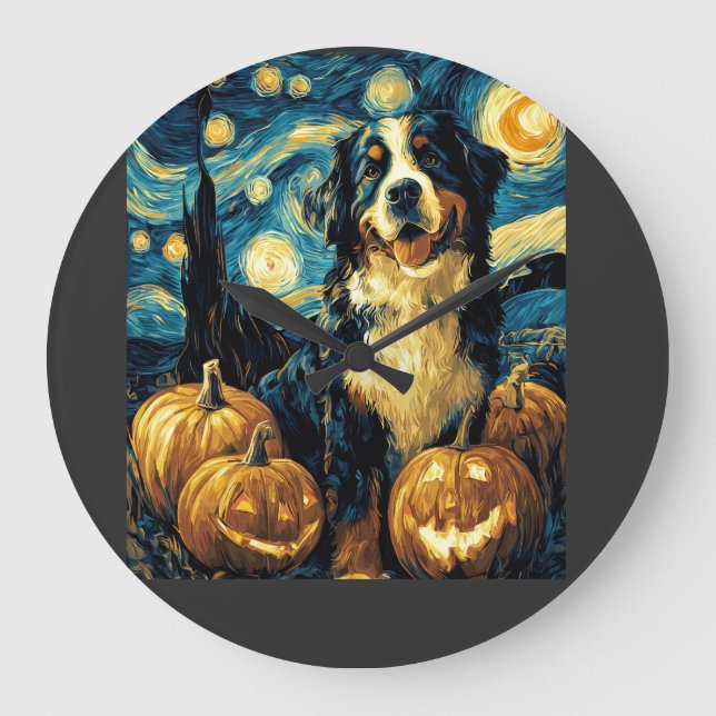 Cute Bernese mountain Dog Halloween Jack O Lantern Large Clock (Front)