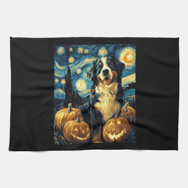 Cute Bernese mountain Dog Halloween Jack O Lantern Tea Towel (Horizontal)
