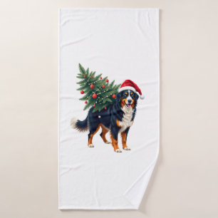 Cute Bernese Mountain Dog in a Christmas Tree for Bath Towel