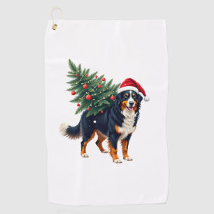 Cute Bernese Mountain Dog in a Christmas Tree for Golf Towel