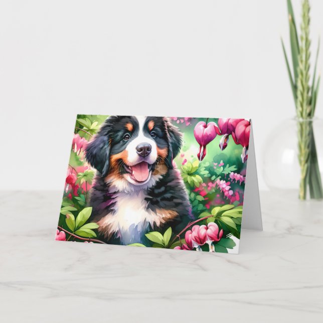 Cute Bernese Mountain Dog Puppy Bleeding Hearts Card (Front)