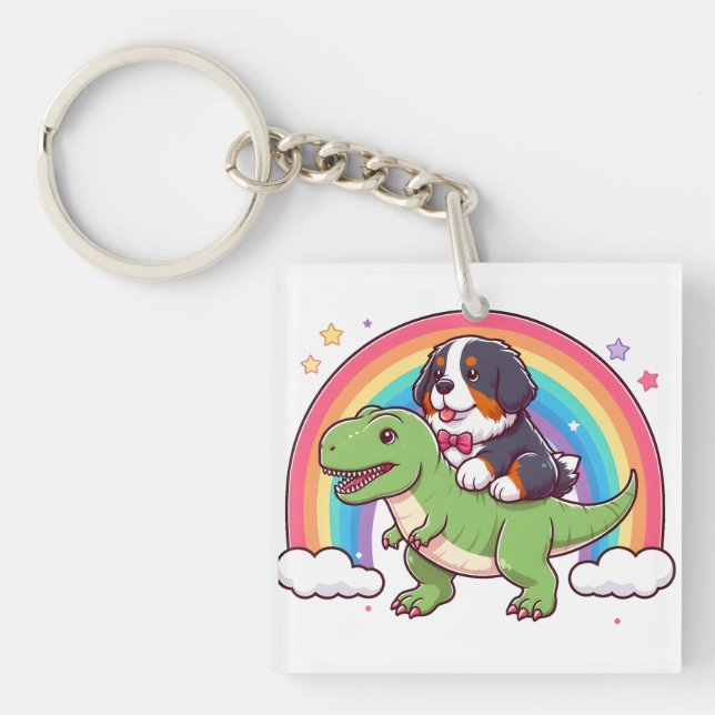 Cute Bernese Mountain Dog Riding T-Rex Dinosaur Key Ring (Front)
