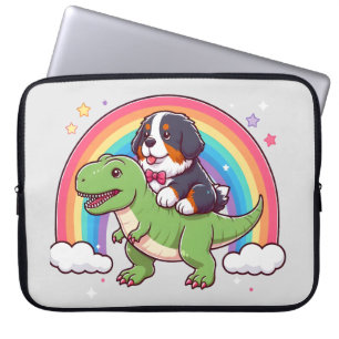 Cute Bernese Mountain Dog Riding T-Rex Dinosaur Laptop Sleeve