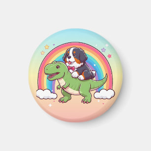 Cute Bernese Mountain Dog Riding T-Rex Dinosaur Magnet