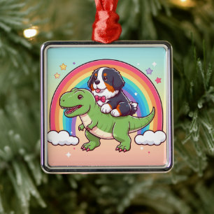 Cute Bernese Mountain Dog Riding T-Rex Dinosaur Metal Tree Decoration