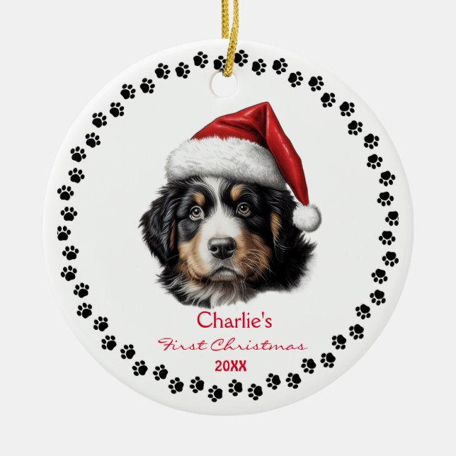 Cute Bernese Mountain Dog Santa Hat Paw Custom Ceramic Tree Decoration (Front)