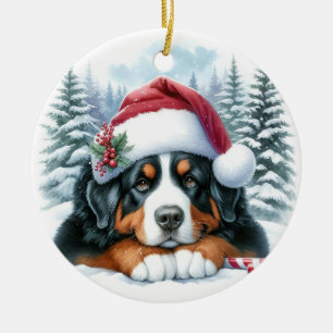 Cute Bernese Mountain Dog Santa Hat Watercolor Ceramic Tree Decoration