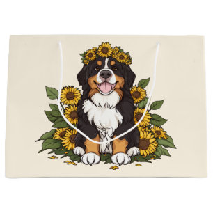 Cute Bernese Mountain Dog Wearing Sunflower Crown Large Gift Bag