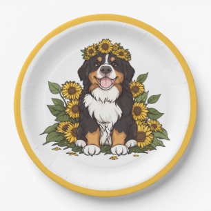 Cute Bernese Mountain Dog Wearing Sunflower Crown Paper Plate