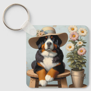 Cute Bernese Mountain Dog with Hat and Flowers Key Ring