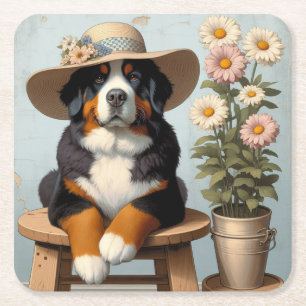 Cute Bernese Mountain Dog with Hat and Flowers Square Paper Coaster