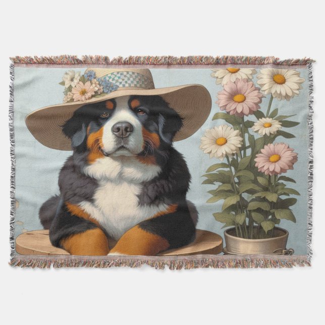 Cute Bernese Mountain Dog with Hat and Flowers Throw Blanket (Front)