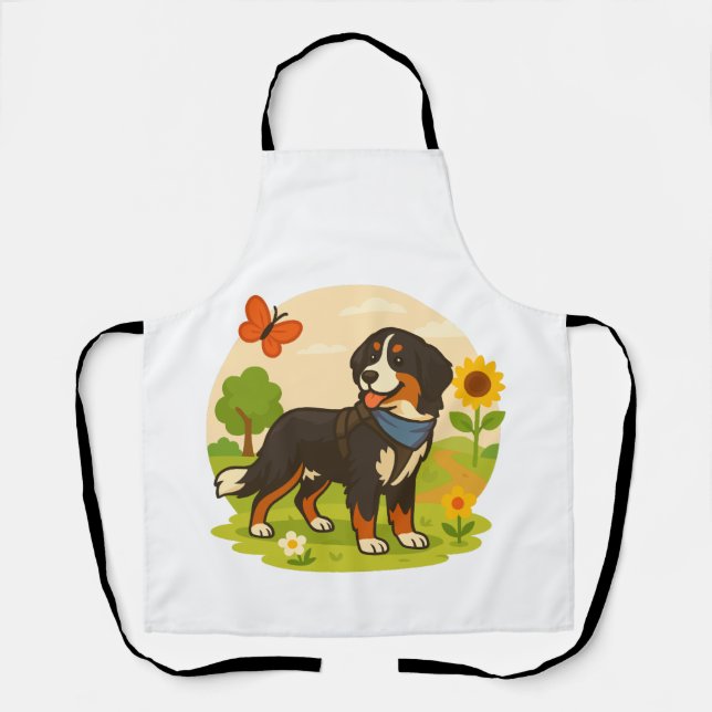 Cute Bernese Mountain Dog with Sunflower & Butterf Apron (Front)