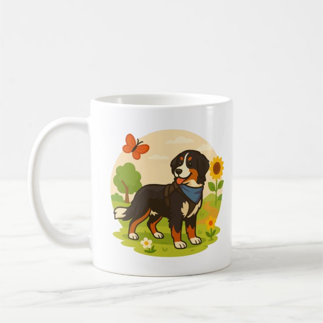 Cute Bernese Mountain Dog with Sunflower & Butterf Coffee Mug (Left)