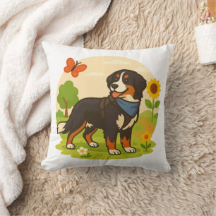 Cute Bernese Mountain Dog with Sunflower & Butterf Cushion