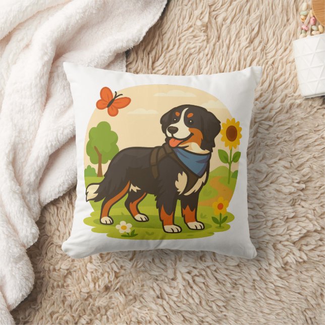Cute Bernese Mountain Dog with Sunflower & Butterf Cushion (Blanket)