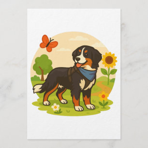 Cute Bernese Mountain Dog with Sunflower & Butterf Invitation