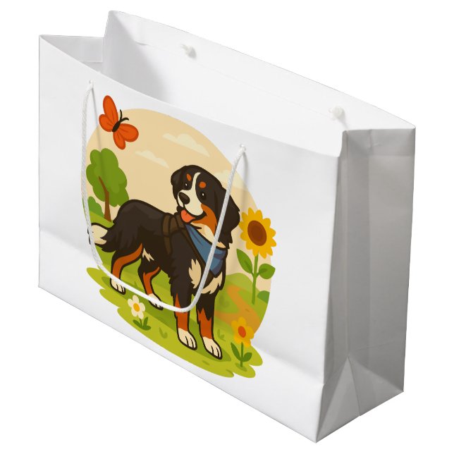 Cute Bernese Mountain Dog with Sunflower & Butterf Large Gift Bag (Front Angled)