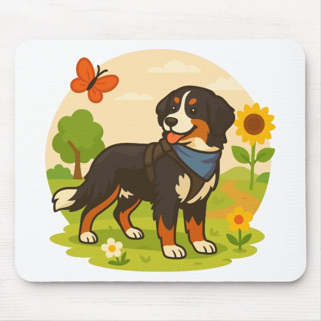 Cute Bernese Mountain Dog with Sunflower & Butterf Mouse Mat (Front)