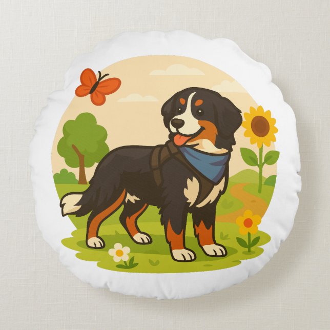 Cute Bernese Mountain Dog with Sunflower & Butterf Round Cushion (Front)